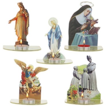 Bougeoir en plexi assemblable, avec représentations de saints. Livre avec une bougie, H. 13,5 cm. Plusieurs saints