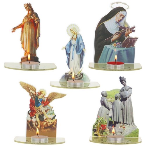Bougeoir plexi assemblable avec représentations de saints, livré avec bougie, H 13,5 cm.