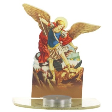 Bougeoir en plexi assemblable, avec représentations de saints. Livre avec une bougie, H. 13,5 cm. Plusieurs saints