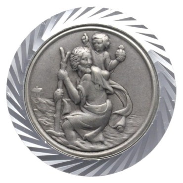 Plaque auto en aluminium, Ø 3,5 cm, avec bordure striée et plaque en métal argentée. Disponible avec plusieurs saints au choix..