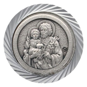 Plaque auto en aluminium, Ø 3,5 cm, avec bordure striée et plaque en métal argentée. Disponible avec plusieurs saints au choix..