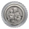 Plaque auto en aluminium, Ø 3,5 cm, avec bordure striée et plaque en métal argentée. Disponible avec plusieurs saints au choix..