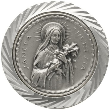 Plaque auto en aluminium, Ø 3,5 cm, avec bordure striée et plaque en métal argentée. Disponible avec plusieurs saints au choix..