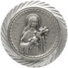 Plaque auto en aluminium, Ø 3,5 cm, avec bordure striée et plaque en métal argentée. Disponible avec plusieurs saints au choix..