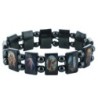 Bracelet sur elastique des saints, images vernies, grains en hematite forme rectangle, hauteur 1,8 cm.