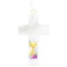 Ensemble de communion croix H. 7 cm, chapelet grains nacrés, Ø 5 mm chaine couleur argentée dans boite.