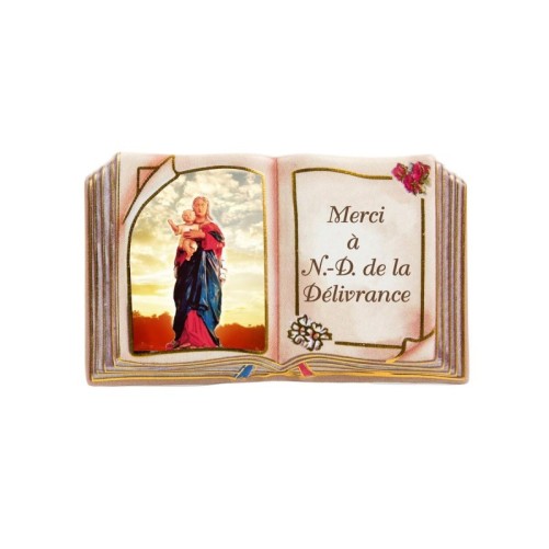 Plaque de remerciement en résine, forme livre à poser, image sérigraphiée, H 5 × 8 cm