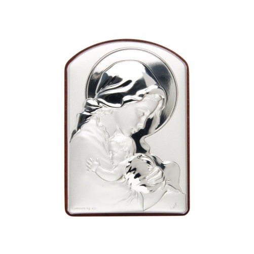 Support bois arrondi à poser H 9x6 cm, sujet sur plaque argent laminée.