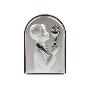 Support en bois a poser H. 7 x 4 cm sujet plaque laminee argentee de la communion, 2 modeles.