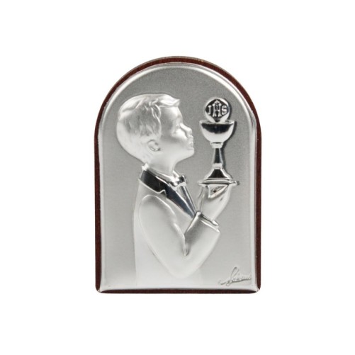 Support en bois a poser H. 7 x 4 cm sujet plaque laminee argentee de la communion, 2 modeles.