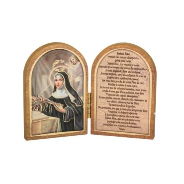 Diptyque en bois doré à chaud – 6 x 9 cm, image de saint avec prière, plusieurs saints.