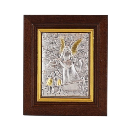 Cadre en bois marron a suspendre H. 8.5 x 7 cm sujet en plaque lamine argentée et dorée.