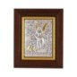 Cadre en bois marron a suspendre H. 8.5 x 7 cm sujet en plaque lamine argentée et dorée.