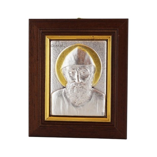 Cadre en bois marron a suspendre H. 8.5 x 7 cm sujet en plaque lamine argentée et dorée.