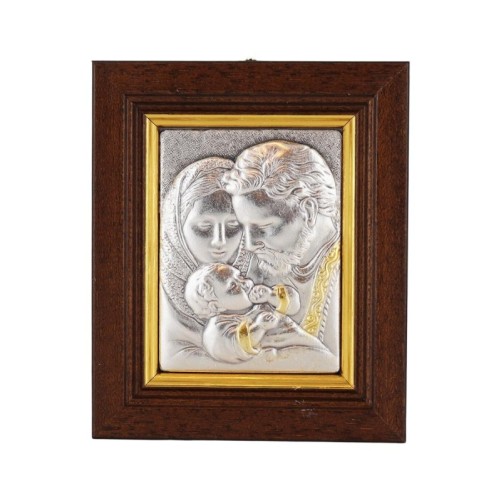 Cadre en bois marron a suspendre H. 8.5 x 7 cm sujet en plaque lamine argentée et dorée.