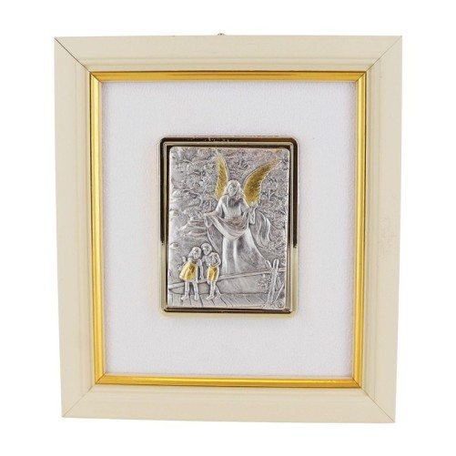 Cadre en bois à suspendre H. 13 x 11,5 cm, décor en plaque laminée argentée et dorée.