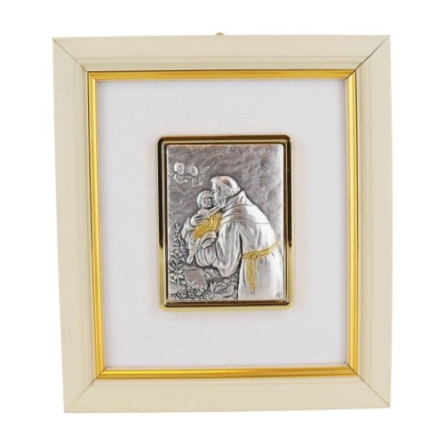 Cadre en bois à suspendre H. 13 x 11,5 cm, décor en plaque laminée argentée et dorée.