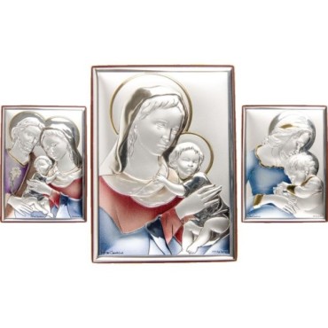 Support en bois à poser ou suspendre H. 11 x 8 cm, décor en plaque laminée argentée et colorée.