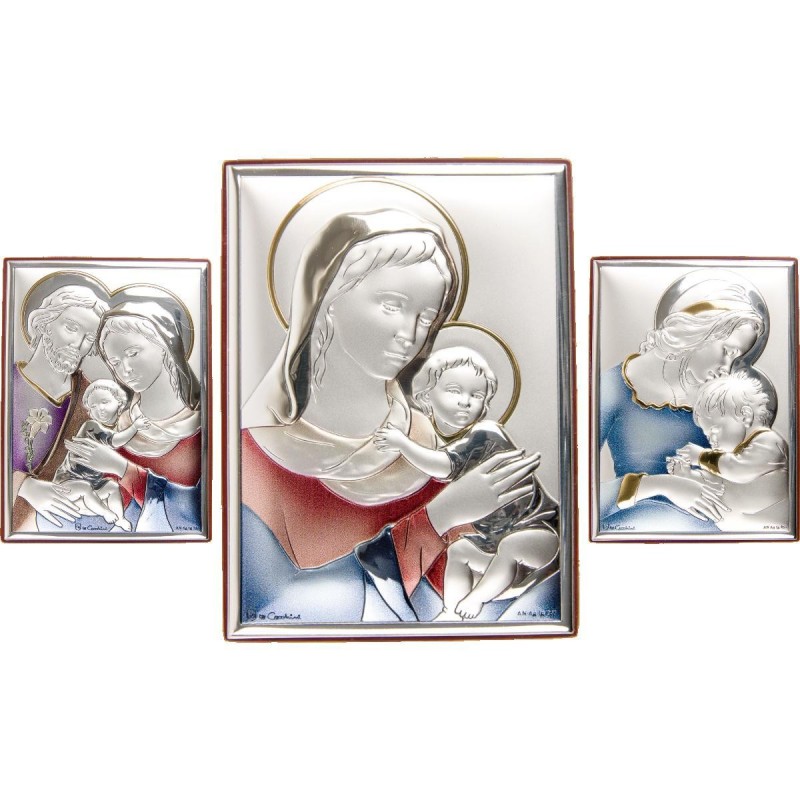 Support en bois à poser ou suspendre H. 11 x 8 cm, décor en plaque laminée argentée et colorée.