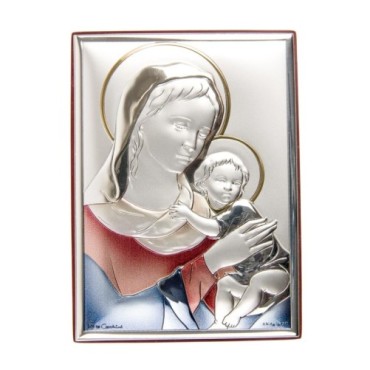 Support en bois à poser ou suspendre H. 11 x 8 cm, décor en plaque laminée argentée et colorée.