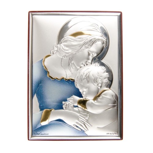 Support en bois à poser ou suspendre H. 11 x 8 cm, décor en plaque laminée argentée et colorée.