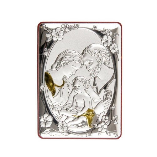 Support à poser ou suspendre H. 10 x 7 cm, plaque laminée argentée avec décor doré.