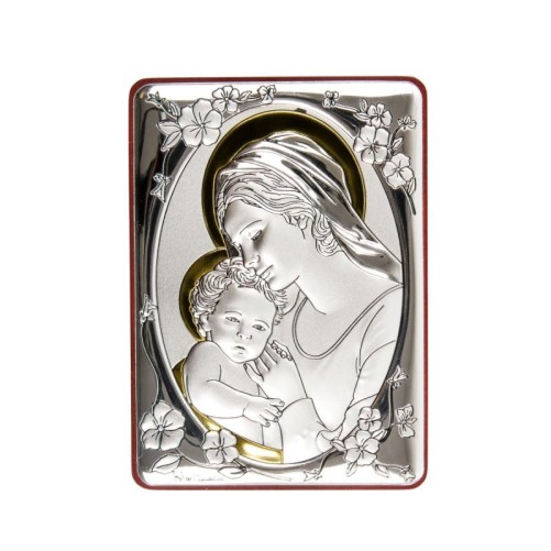 Support à poser ou suspendre H. 10 x 7 cm, plaque laminée argentée avec décor doré.