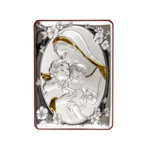 Support à poser ou suspendre H. 10 x 7 cm, plaque laminée argentée avec décor doré.