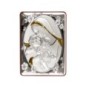 Support à poser ou suspendre H. 10 x 7 cm, plaque laminée argentée avec décor doré.