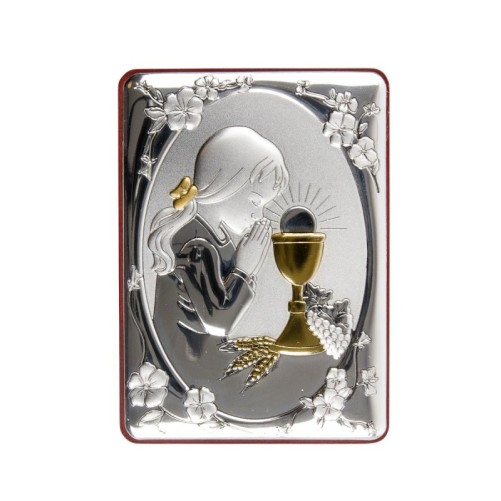 Support à poser ou suspendre H. 10 x 7 cm, plaque laminée argentée avec décor doré.