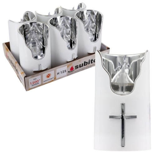 Bougie lumière LED avec croix. Piles fournies (2 piles AA) remplaçables. Hauteur 12.5 cm.