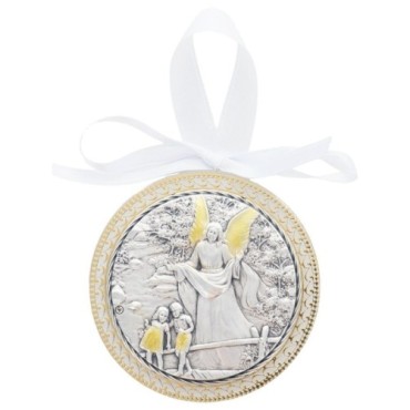 Médaille de berceau plaque laminée argentée et dorée Ø 6.5 cm avec ruban blanc. Livrée en boite. Plusieurs modèles.
