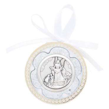Médaille de berceau, plaque laminée Ø 6.5 cm avec ruban blanc. Livrée en boite. Plusieurs modèles.