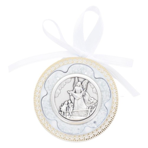 Médaille de berceau, plaque laminée Ø 6.5 cm avec ruban blanc. Livrée en boite.