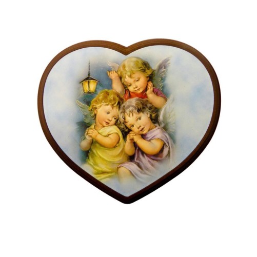 Cadre en bois forme cœur a suspendre H. 13 x 16 cm avec image collée, plusieurs modèles.