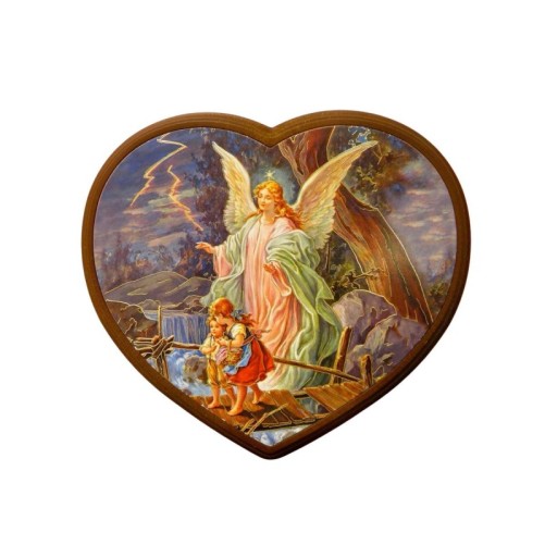 Cadre en bois forme cœur a suspendre H. 13 x 16 cm avec image collée, plusieurs modèles.