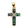 Croix de cou en coquille d'Ormeau/Paua avec torsade en pierres OZ dorée en laiton, hauteur 2 cm.