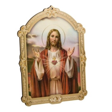 Cadre en bois a suspendre avec liseret dore H. 14 x 10,5 cm  image collee, plusieurs saints.