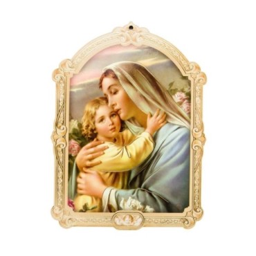 Cadre en bois a suspendre avec liseret dore H. 14 x 10,5 cm  image collee, plusieurs saints.