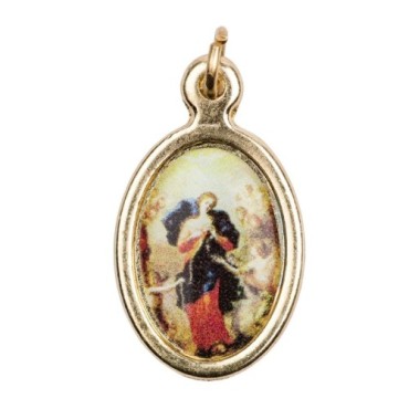 Médaille métal couleur dorée ovale H. 2,5 cm avec résine, plusieurs saints.