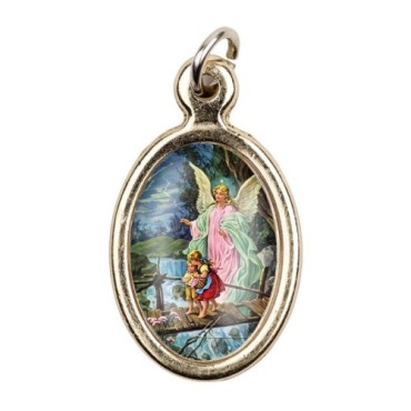 Médaille métal couleur dorée ovale H. 2,5 cm avec résine, plusieurs saints.