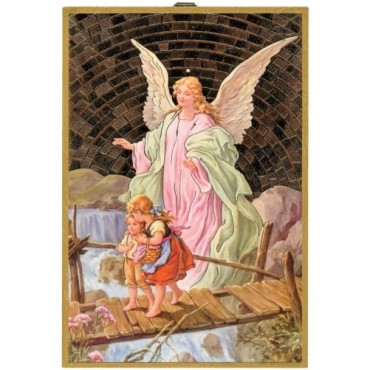 Cadre en bois à suspendre, finition feuille d’or – H. 15 x 10 cm, image collée, plusieurs saints.