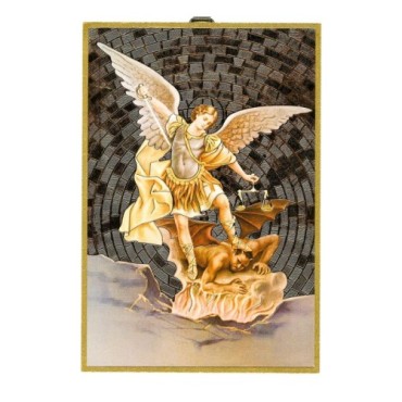 Cadre en bois à suspendre, finition feuille d’or – H. 15 x 10 cm, image collée, plusieurs saints.