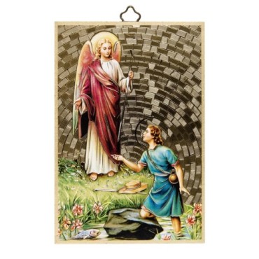 Cadre en bois à suspendre, finition feuille d’or – H. 15 x 10 cm, image collée, plusieurs saints.