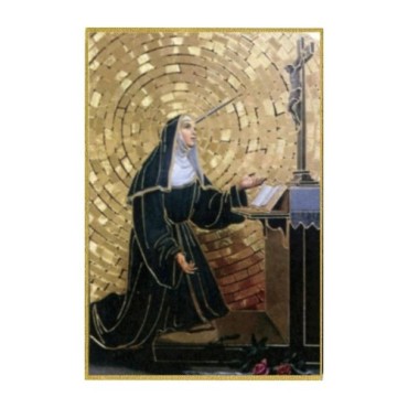 Cadre en bois à suspendre, finition feuille d’or – H. 15 x 10 cm, image collée, plusieurs saints.