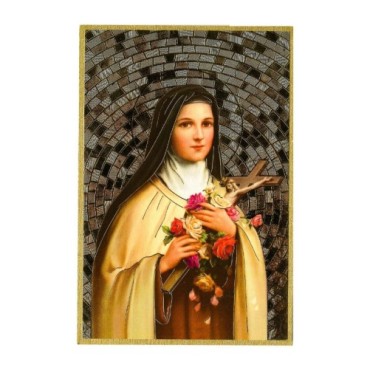 Cadre en bois à suspendre, finition feuille d’or – H. 15 x 10 cm, image collée, plusieurs saints.