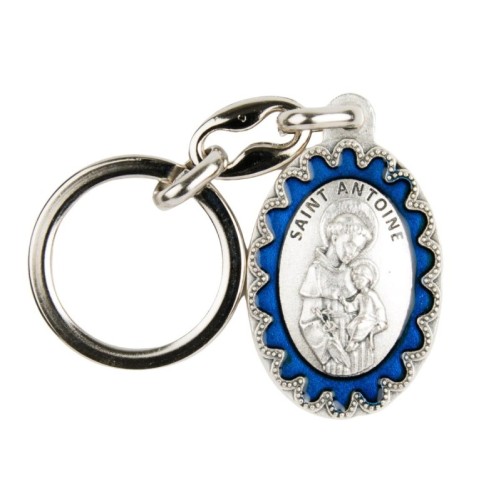 Porte-clés H. 3,8 cm en métal émaillé bleu, plusieurs saints.