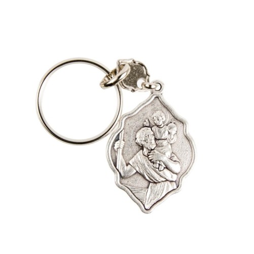 Porte-clés octogonal en métal argenté, H. 4 cm.