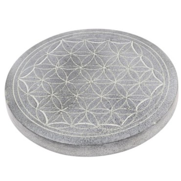 Brûle-encens pour bâtonnets en stéatite décoré Fleur de Vie, Ø 9,8 cm. Livré en boîte individuelle.