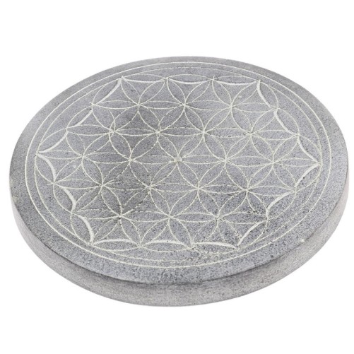 Brûle-encens pour bâtonnets en stéatite décoré Fleur de Vie, Ø 9,8 cm. Livré en boîte individuelle.